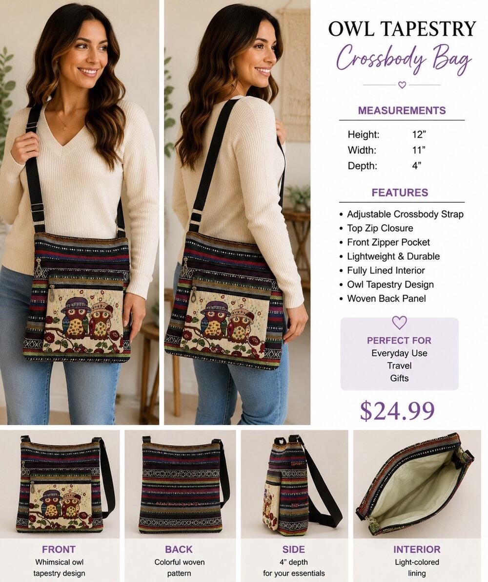 Owl Tapestry Crossbody Bag Multicolor Woodland Boho Adjustable Strap Zip Purse